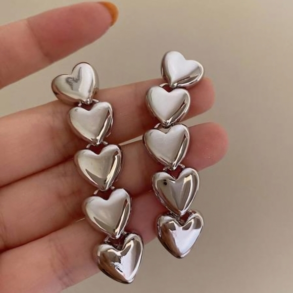 Tassel Of Hearts Earrings Silver Drop Heart  Earrings - Picture 6 of 8